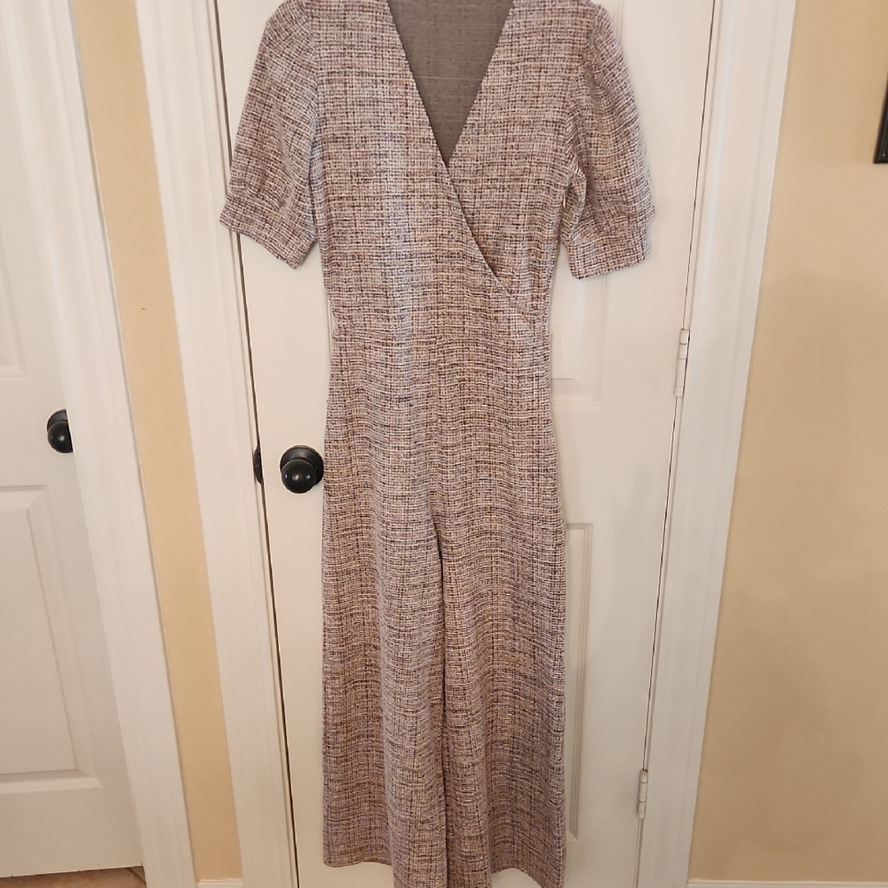 Ellison Tweed V-Neck Multicolor Puff Sleeve Classic V Neck Jumpsuit, Sz S